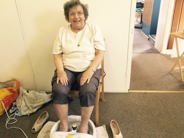 Margaret enjoying a foot spa